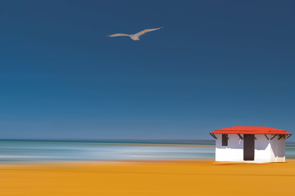 Foto de Laetitia Freling. Playa con casa y gaviota.