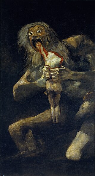 Pintura de un gigante grotesco comiéndose un cuerpo