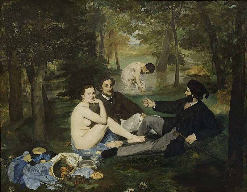 Pintura de una mujer desnuda haciendo un picnic con dos hombres vestidos