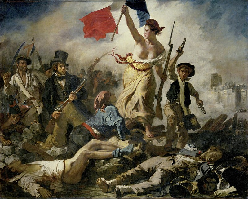 Una mujer con los pechos fuera sujeta la bandera de Francia mientras varios revolucionarios la siguen