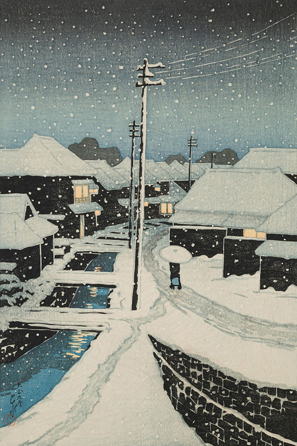 Evening Snow at Terajima Village (Yuki ni Kururu, Terajima-mura) de la serie Twelve Subjects of Tokyo, 1920. © Hasui Kawase