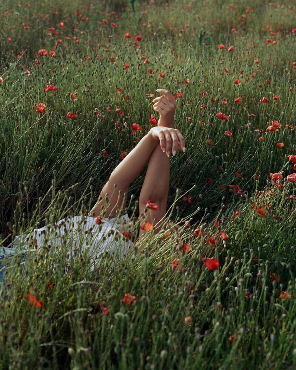 Un mujer tumbada en el campo con los brazos alzados sobre un manto de flores.