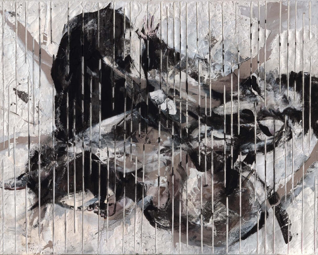 Imagen blanco y negro. Disparate 10. Goya por Lita Cabellut. El caballo raptor. Oleo sobre lienzo. 200 x 250 cm.