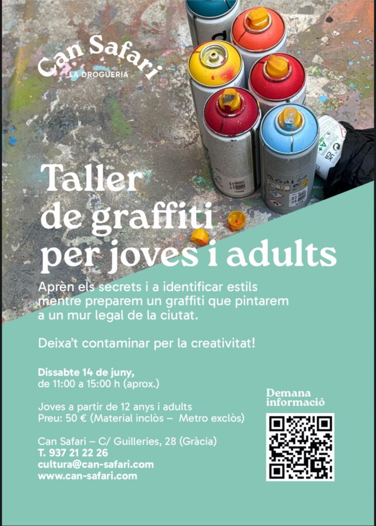 Información del taller de graffiti, en Can Safari, para jóvenes y personas adultas.
