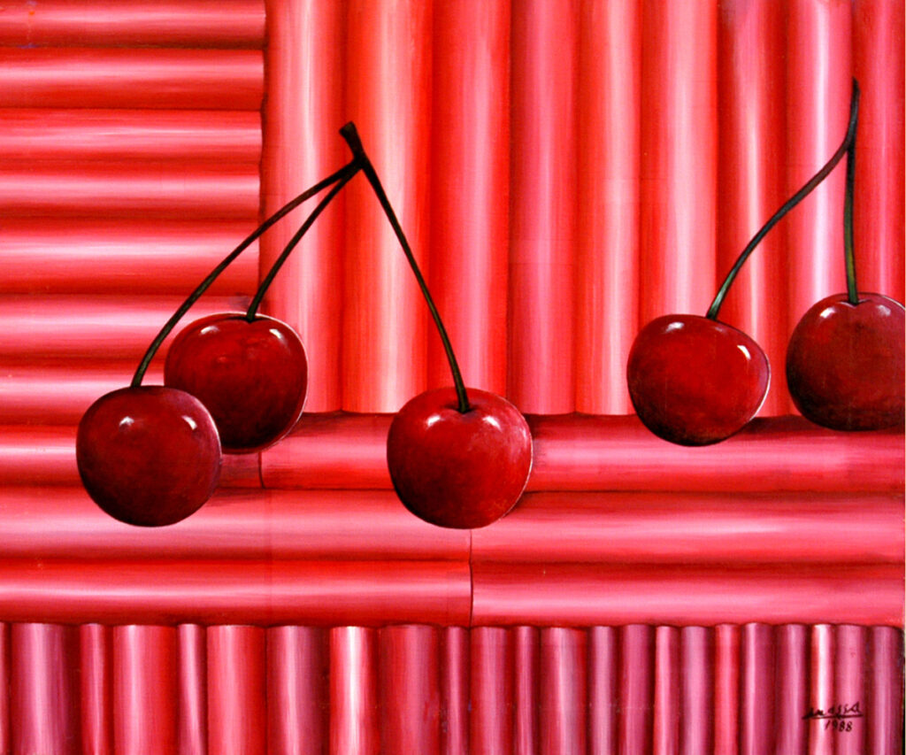 El Bodegón de la Cerezas, Acrílico s/lienzo, 1988, Museo Massa Solís, Miajadas. . Obra de José Massa Solís