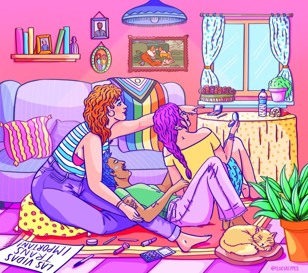 Ilustración de Lucia Types que reinterpreta “Lot y sus hijas” en VERSIONA THYSSEN 2024, transformando un relato de miedo y opresión en una celebración de amistad, resistencia y libertad para ser uno mismo.