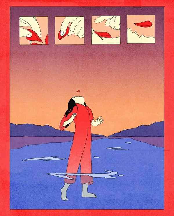 Ilustración de María Medem de una mujer en el agua jugando con una flor