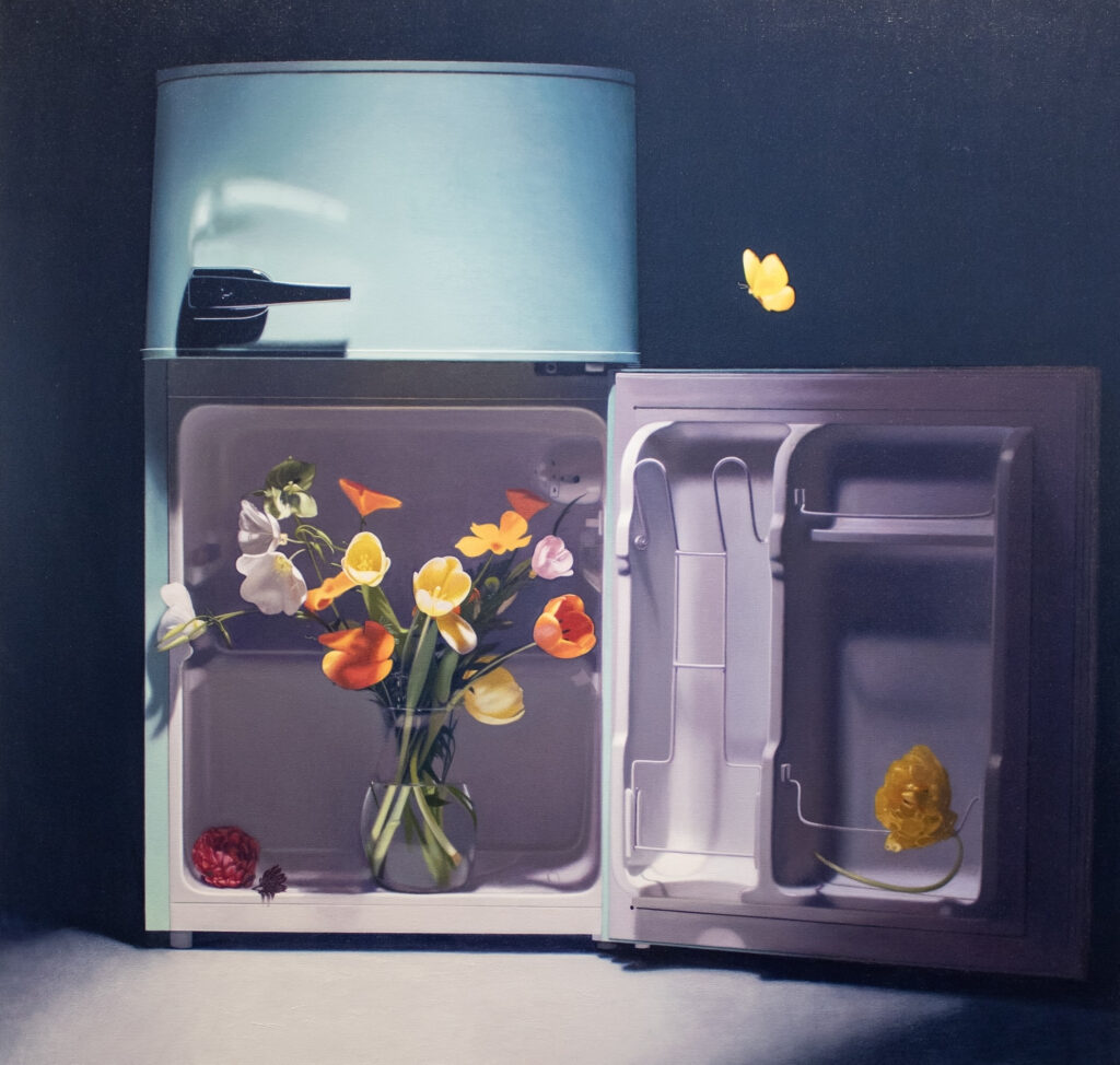Fridge Interior With Flowers.