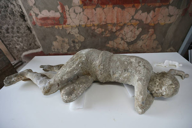 Algunos de los cuerpos de piedra resultantes de la erupción del Vesubio en Pompeya.